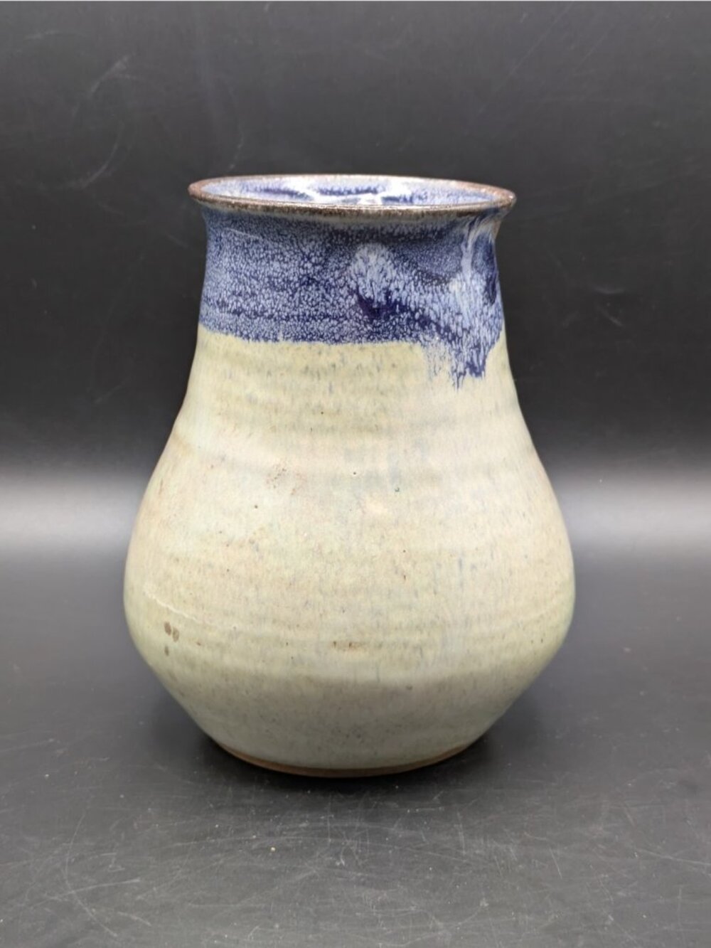 Studio Art Pottery Vase Wide Bottom Blue Glaze Stripe Artist Signed 6.25"